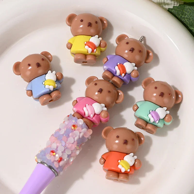Cartoon Soft Plastic Three-dimensional Brown Bear Wearing Colorful | Silicone Focal Bead for DIY Keychain & Pen Wrap