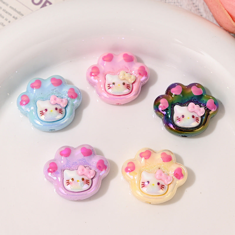 UV-plated Kt Cat Paw with A Bow Cute Cat Acrylic Straight Hole Beads