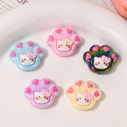 UV-plated Kt Cat Paw with A Bow Cute Cat Acrylic Straight Hole Beads