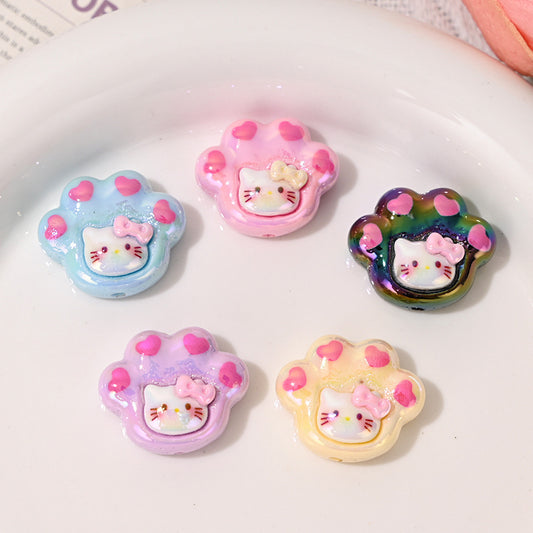 UV-plated Kt Cat Paw with A Bow Cute Cat Acrylic Straight Hole Beads