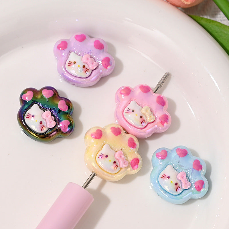 UV-plated Kt Cat Paw with A Bow Cute Cat Acrylic Straight Hole Beads | Acrylic Bead for DIY Bracelet Keychain Jewelry Making