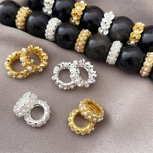 Alloy Inlaid Pearl Round Wreath Straight Hole Spacer Beads