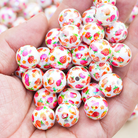 16mm Acrylic Straight Hole Beads Printed with Strawberry Pattern