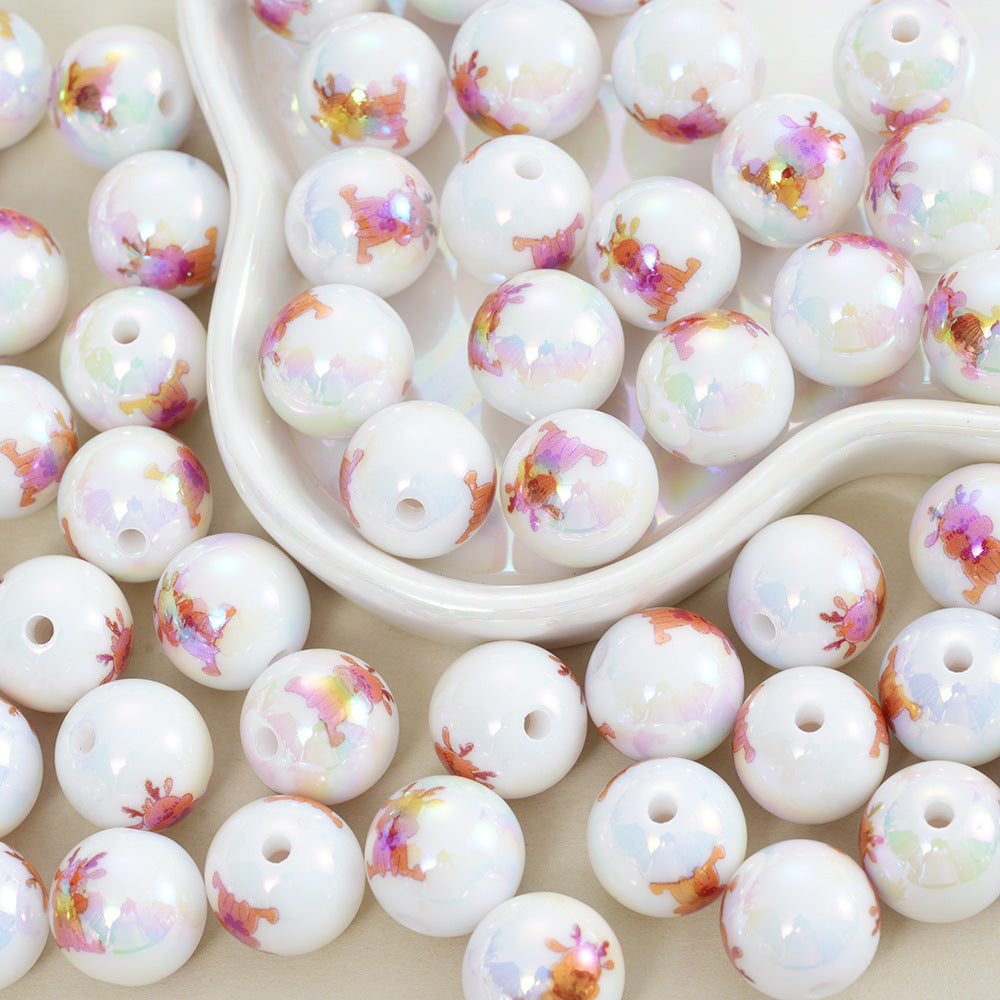 16mm Acrylic Straight Hole Beads Printed with Cute Christmas Deer | Acrylic Bead for DIY Bracelet Keychain Jewelry Making