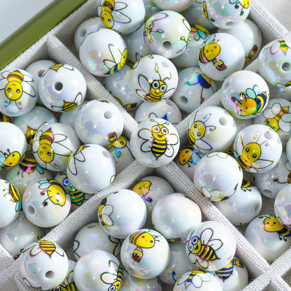 16mm Acrylic Straight Hole Beads Printed with Various Cute Bee Patterns