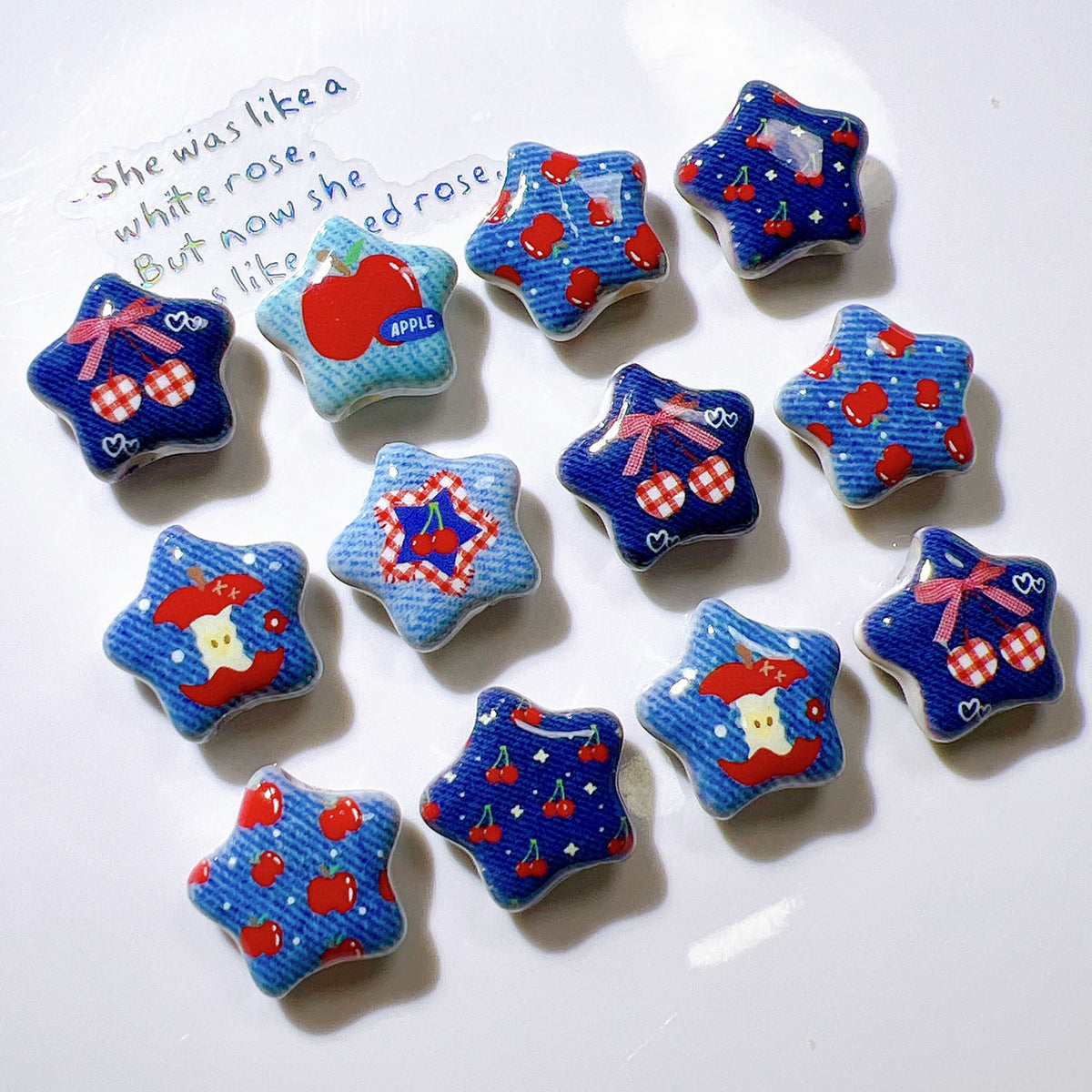 26MM Apple Cherry Print Blue Five-Pointed Star Acrylic Beads | Acrylic Bead for DIY Bracelet Keychain Jewelry Making