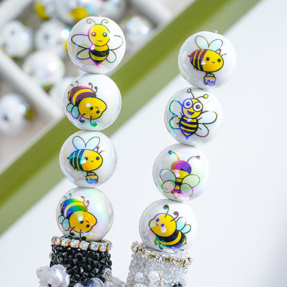 16mm Acrylic Straight Hole Beads Printed with Various Cute Bee Patterns