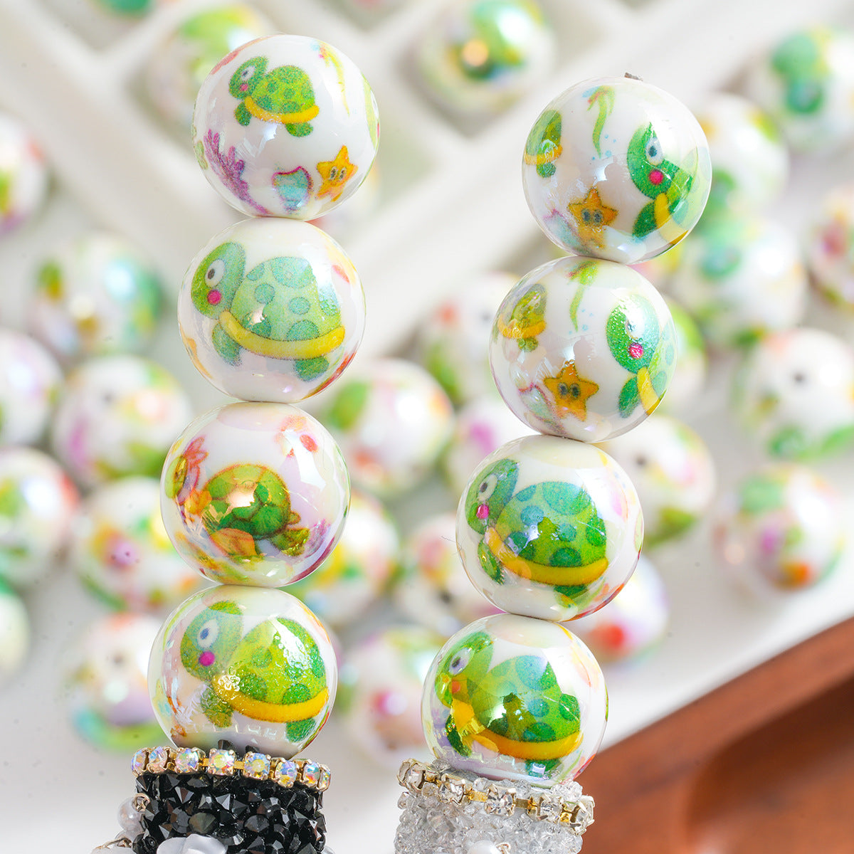 Acrylic Straight Hole Beads with Green Turtle and Fish Prints