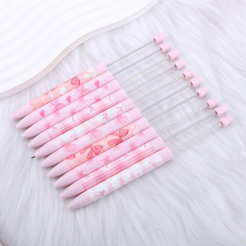 Cute Pink Bow Heart Print Beaded Pen | DIY Beadable Pen Craft Gift Idea