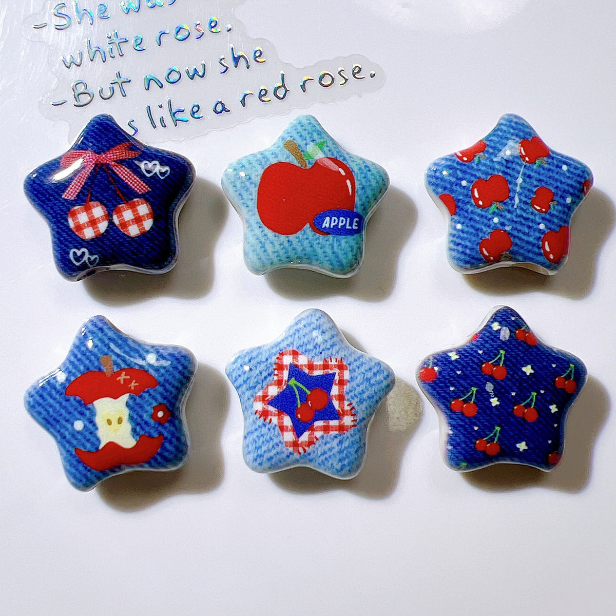 26MM Apple Cherry Print Blue Five-Pointed Star Acrylic Beads | Acrylic Bead for DIY Bracelet Keychain Jewelry Making