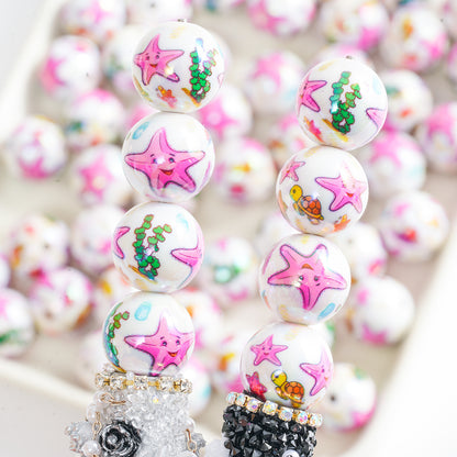 16MM White Acrylic Straight Hole Beads with Starfish Pattern