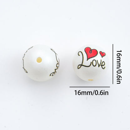16mm White Acrylic Straight Hole Beads Printed with LOVE and Heart