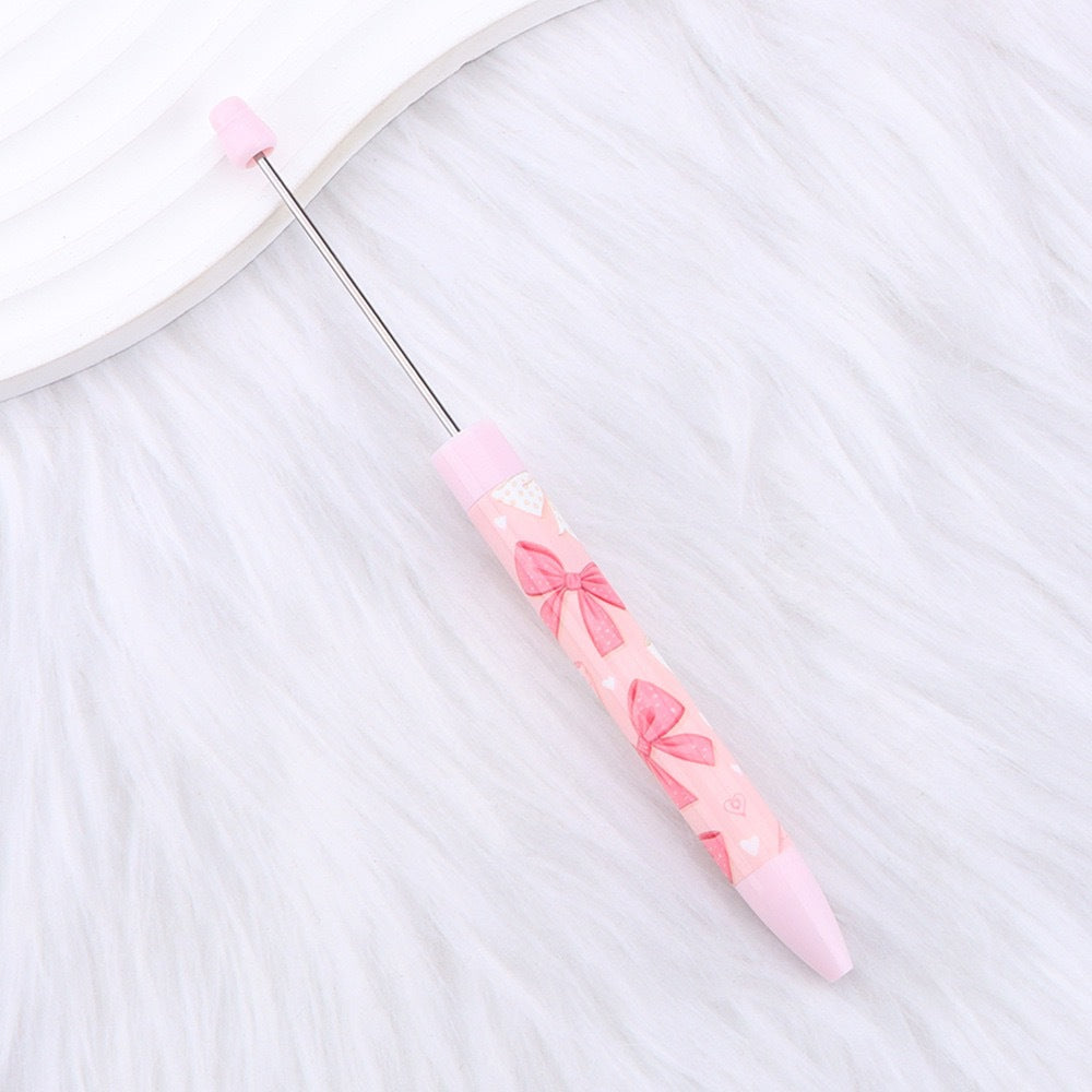 Cute Pink Bow Heart Print Beaded Pen | DIY Beadable Pen Craft Gift Idea