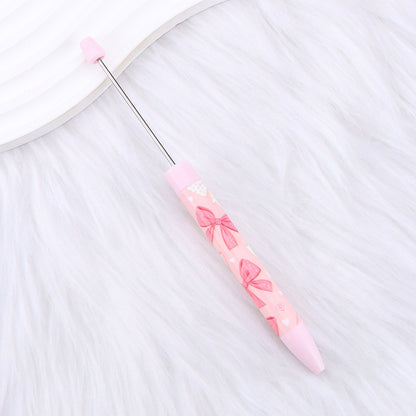 Cute Pink Bow Heart Print Beaded Pen
