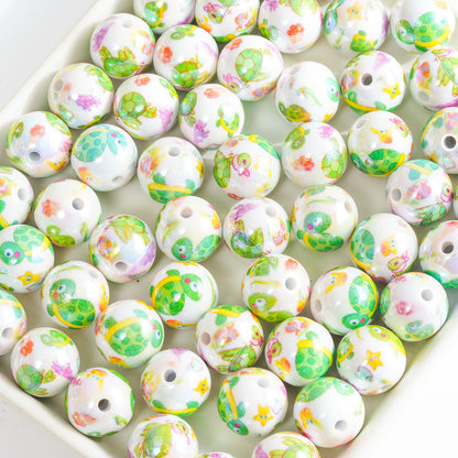 Acrylic Straight Hole Beads with Green Turtle and Fish Prints