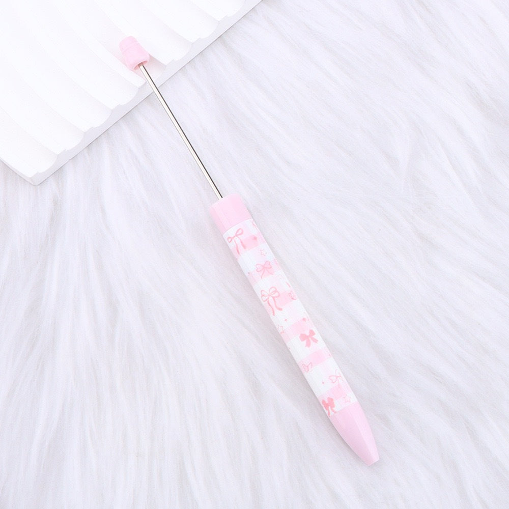 Cute Pink Bow Heart Print Beaded Pen | DIY Beadable Pen Craft Gift Idea