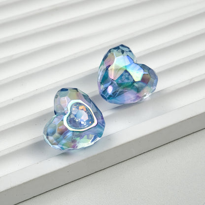 Colorful Heart-shaped Acrylic Straight Hole Beads Inlaid with Diamonds