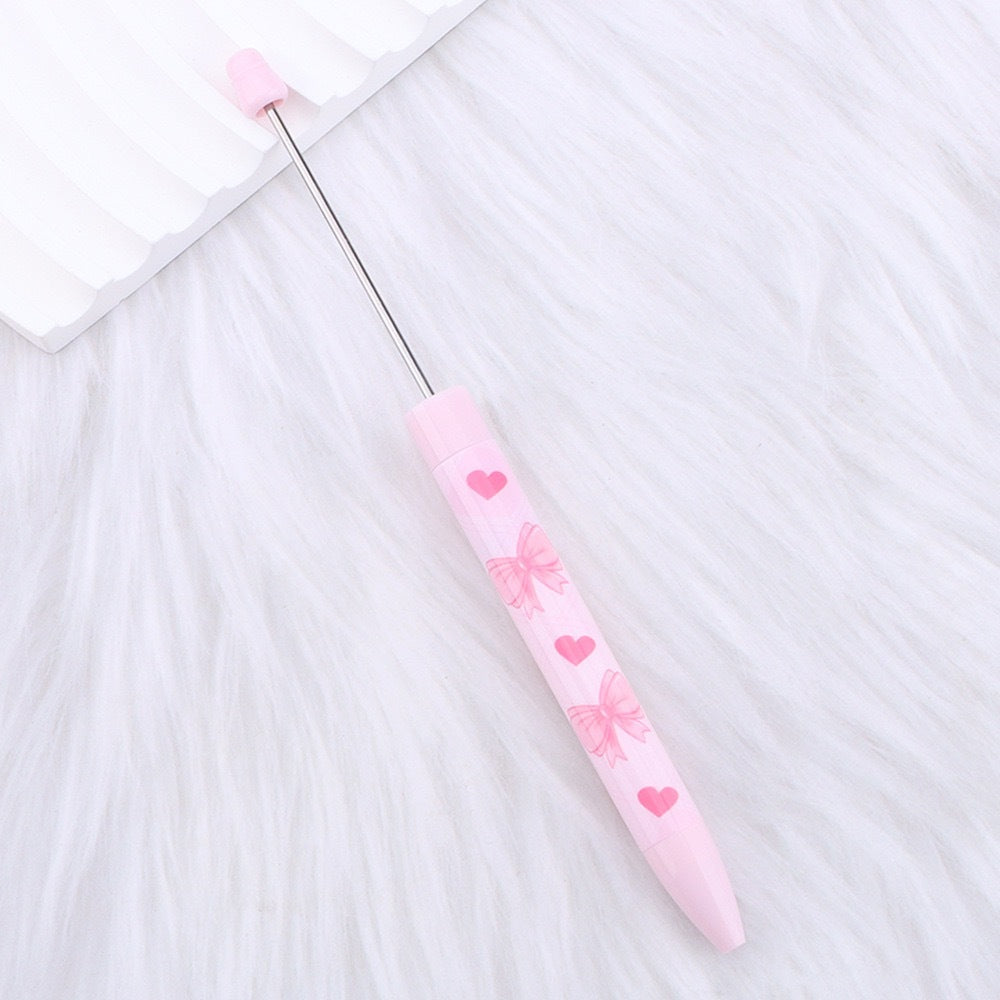Cute Pink Bow Heart Print Beaded Pen | DIY Beadable Pen Craft Gift Idea