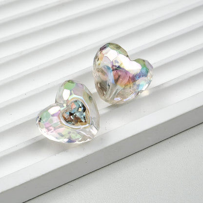 Colorful Heart-shaped Acrylic Straight Hole Beads Inlaid with Diamonds