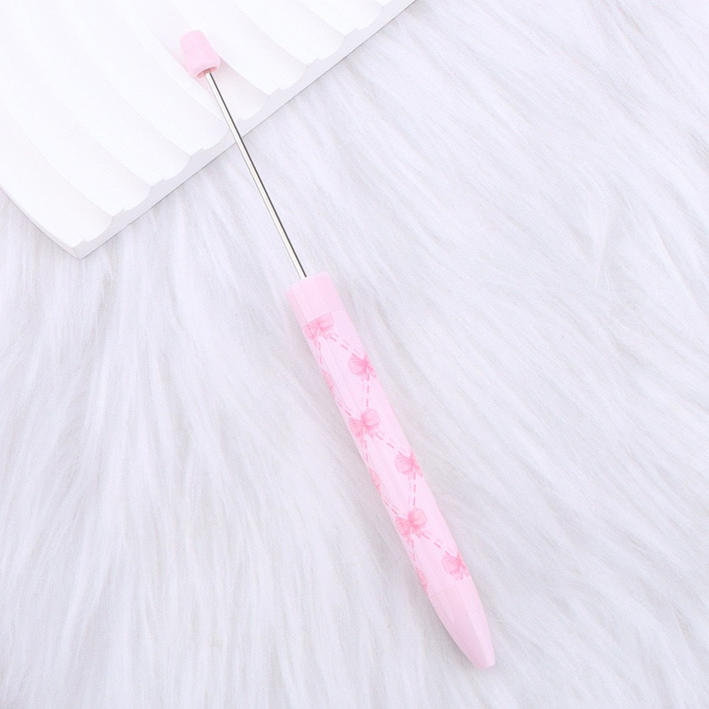 Cute Pink Bow Heart Print Beaded Pen | DIY Beadable Pen Craft Gift Idea