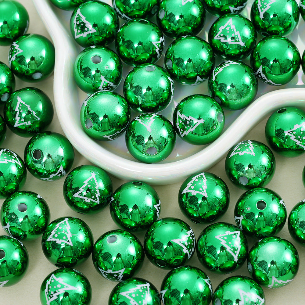 16mm Electroplated Acrylic Straight Hole Beads with Christmas Tree Pattern - Beadable Cat