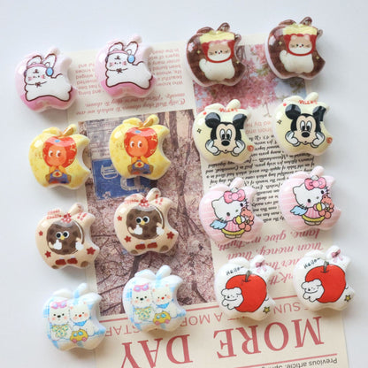 Double-sided Printed Apple-shaped Straight-hole Beads with Various Cartoon Patterns - Beadable Cat