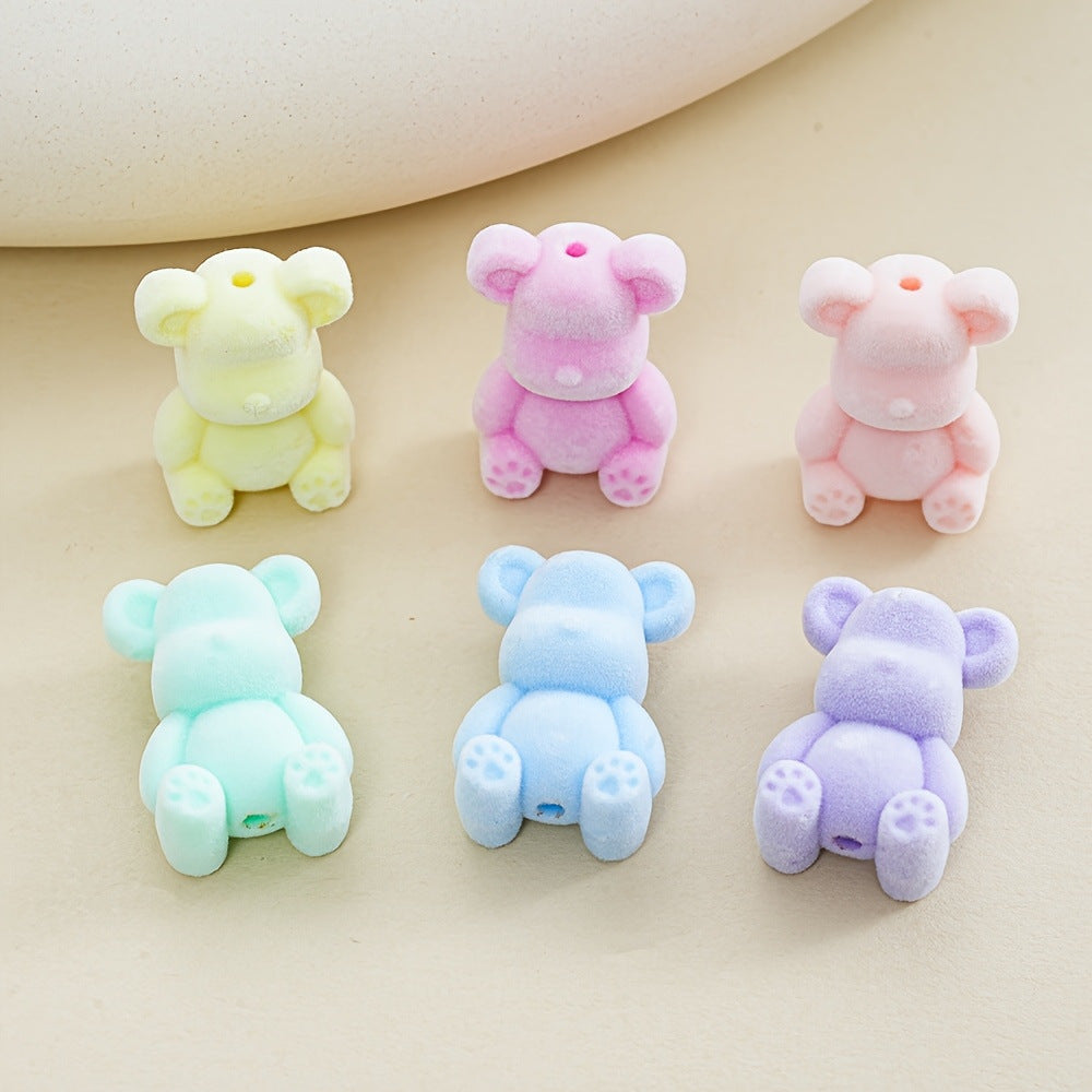 Cute Cartoon 3D Mixed Color Flocking Bear Straight Hole Beads | Acrylic Bead for DIY Bracelet Keychain Jewelry Making