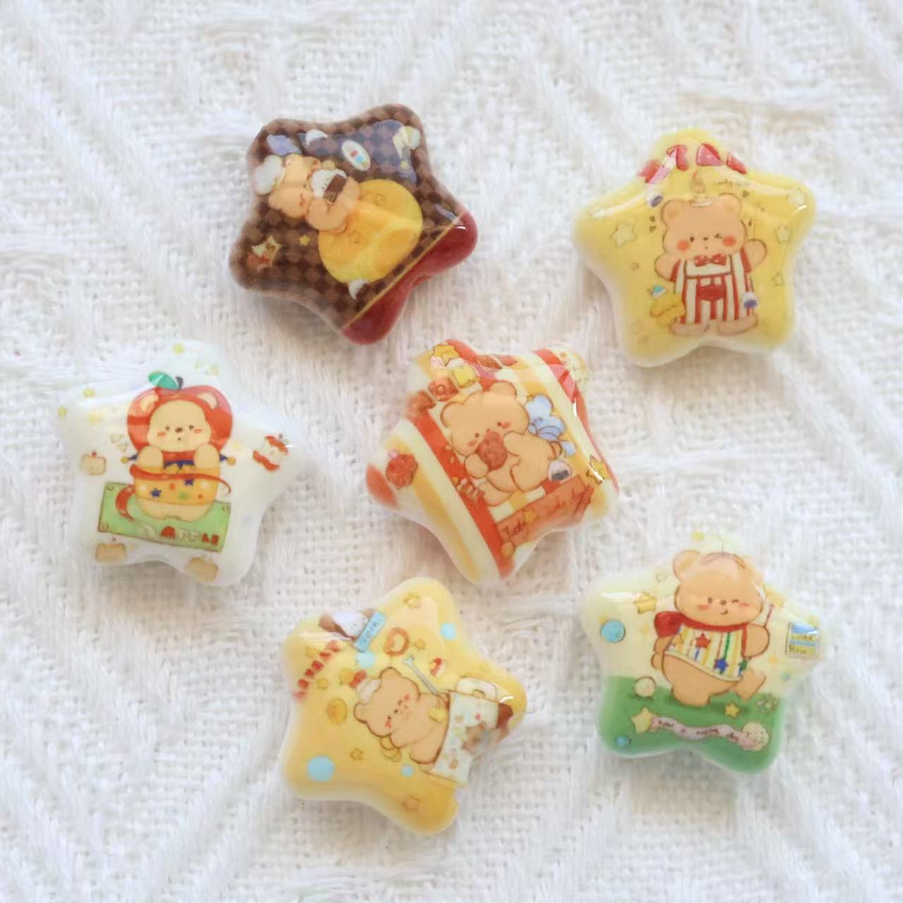 Acrylic Cartoon Bear Big Five-pointed Star Print Star Straight Hole Beads - Beadable Cat