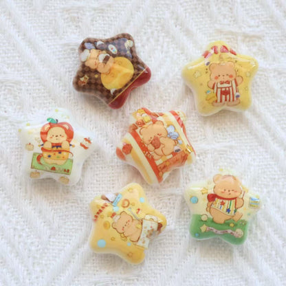 Acrylic Cartoon Bear Big Five-pointed Star Print Star Straight Hole Beads - Beadable Cat