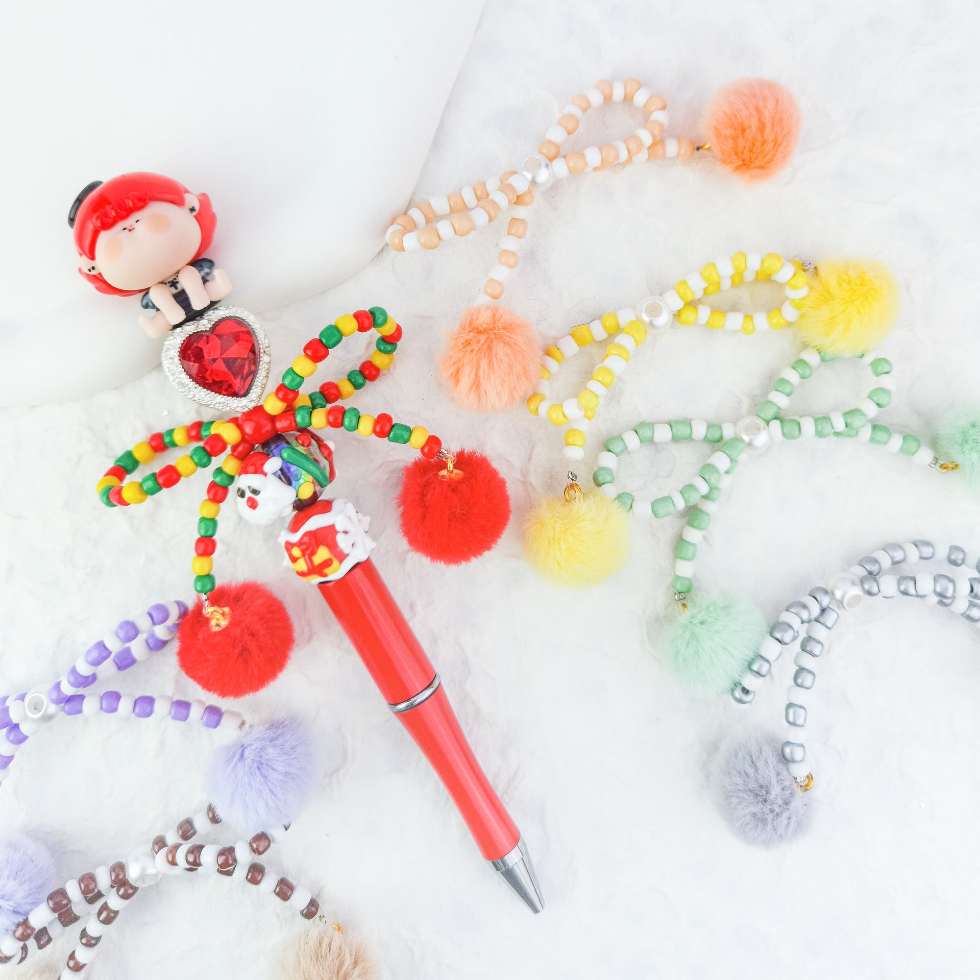 Multi-color Rice Bead Pendant with Bow and Straight Hole Beads - Beadable Cat