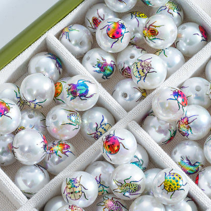 16mm White Acrylic Straight Hole Beads with Multi-color Insect Print - Beadable Cat