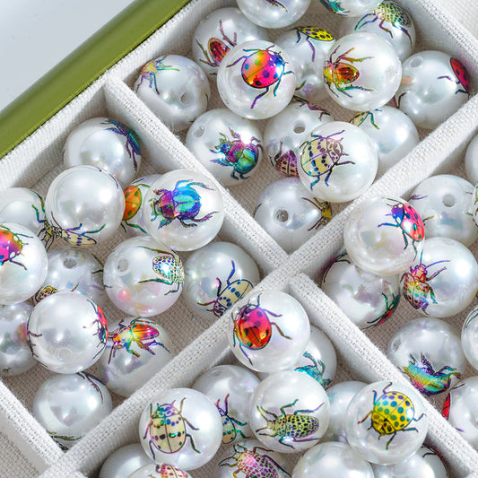 16mm White Acrylic Straight Hole Beads with Multi-color Insect Print - Beadable Cat