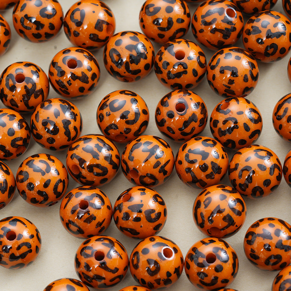 16MM Orange Round Leopard Print Acrylic Straight Hole Beads - Beadable Cat