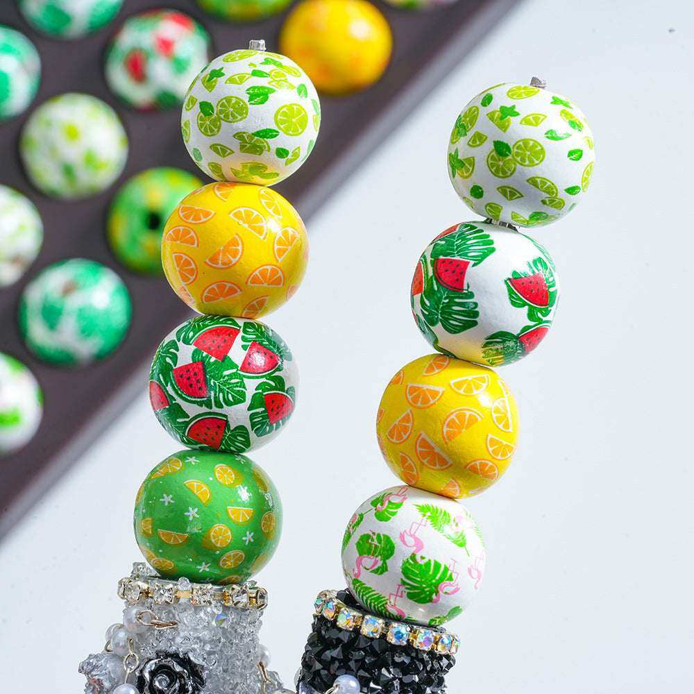 16mm Fruit Leaf Flamingo Printed Straight Hole Acrylic Beads - Beadable Cat