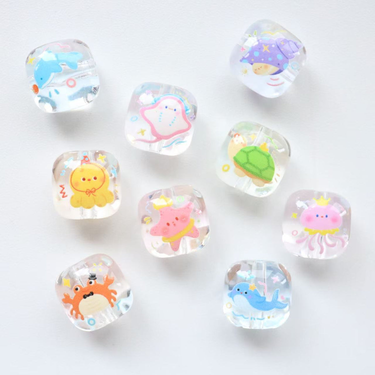 16mm Cartoon Ocean Series Printed Square Transparent Straight Hole | Acrylic Bead for DIY Bracelet Keychain Jewelry Making