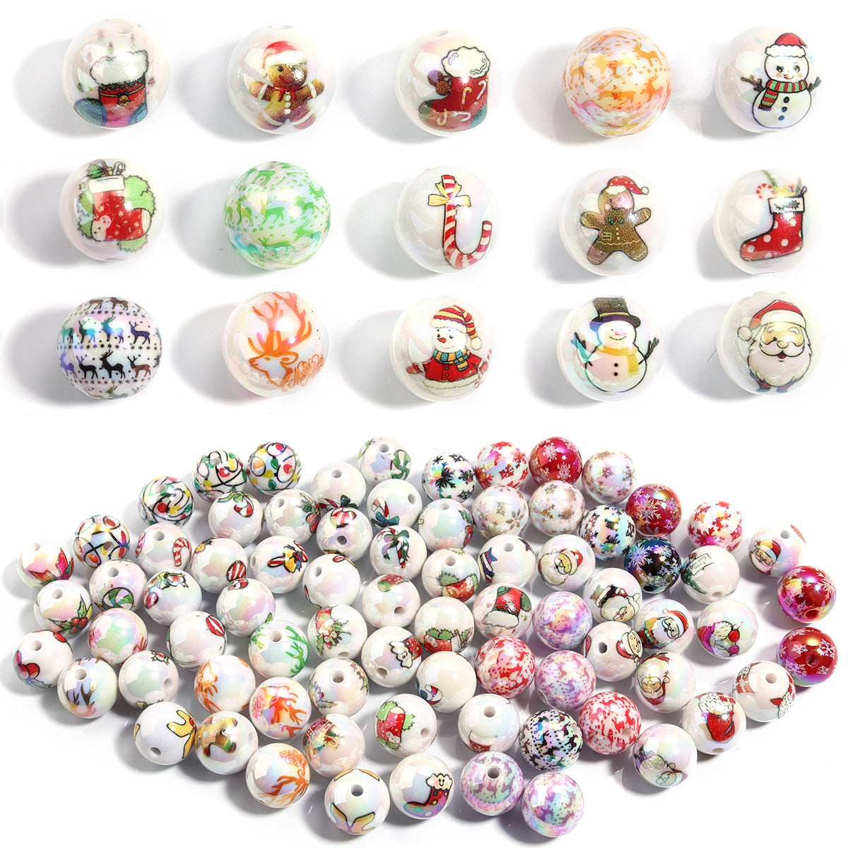 16mm Acrylic Solid Color Christmas Series Printed Straight Hole Beads | Acrylic Bead for DIY Bracelet Keychain Jewelry Making