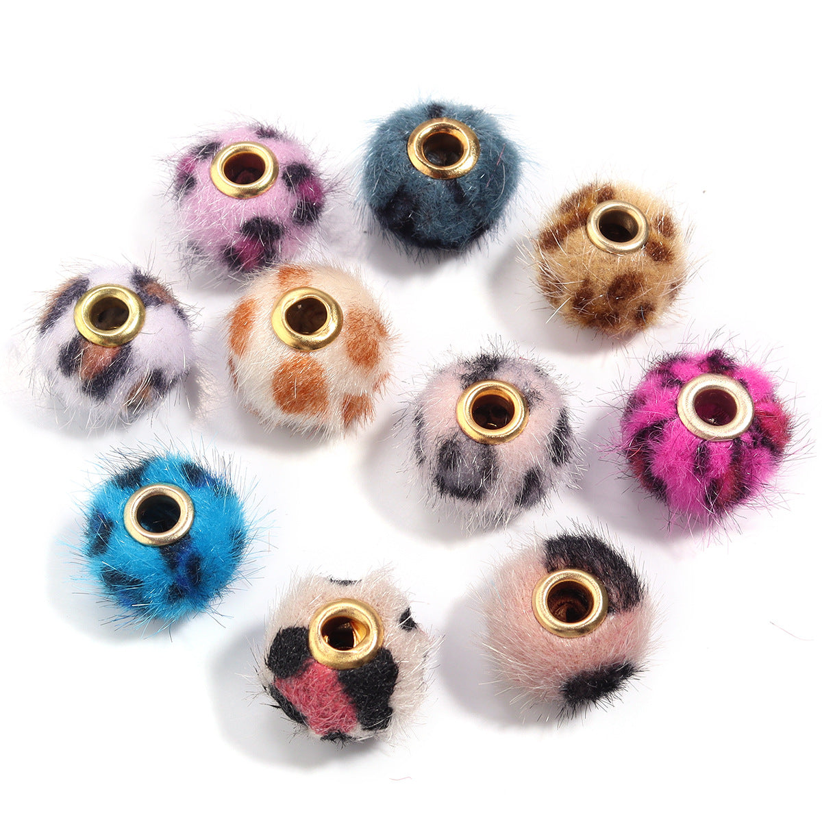 15mm Leopard Print Plush Ball Straight Hole Spacer Beads - Beadable Cat