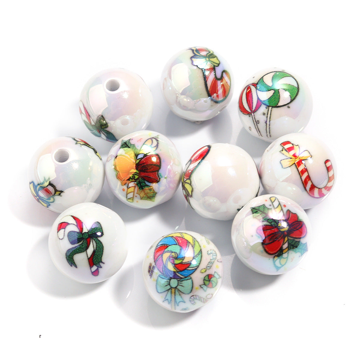 16mm Acrylic Solid Color Christmas Series Printed Straight Hole Beads | Acrylic Bead for DIY Bracelet Keychain Jewelry Making
