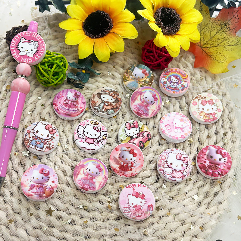 New Cute Cartoon Pink Bow Cat Print Silicone Beaded Bracelet | Silicone Focal Bead for DIY Keychain & Pen Wrap