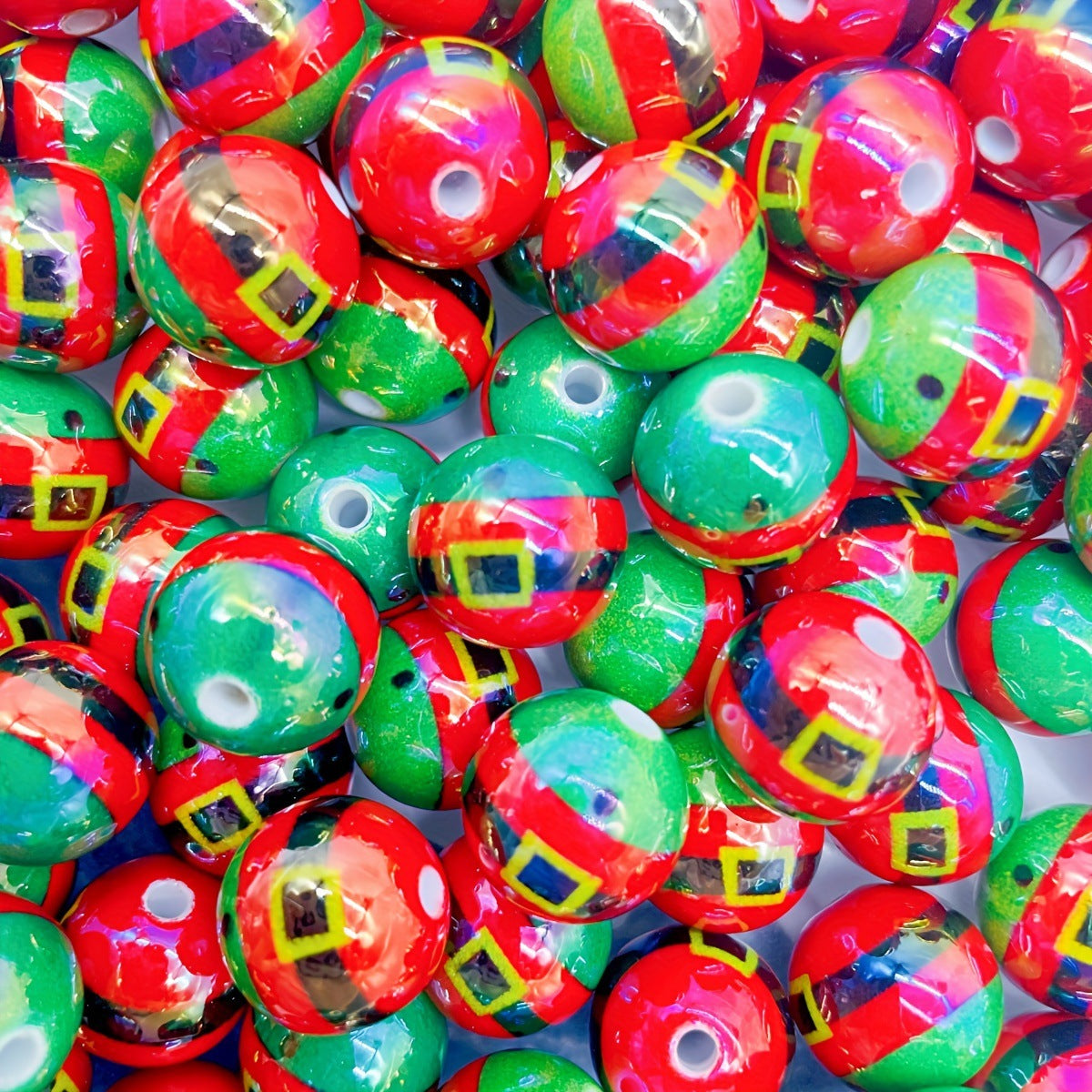 16mm Christmas Series Red and Green Color Block Black Belt Acrylic Straight Hole Beads - Beadable Cat