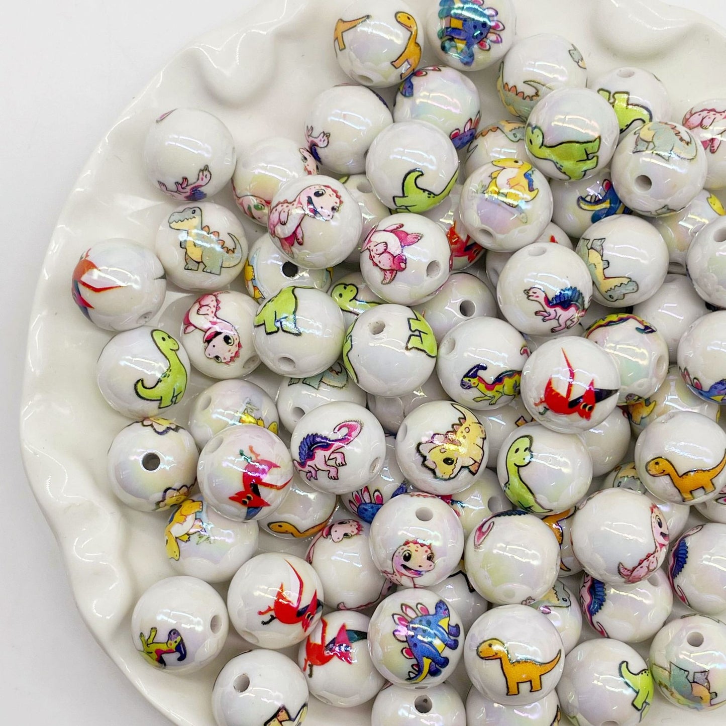 16mm Cartoon Dinosaur Print Acrylic Beads with Through Holes - Beadable Cat