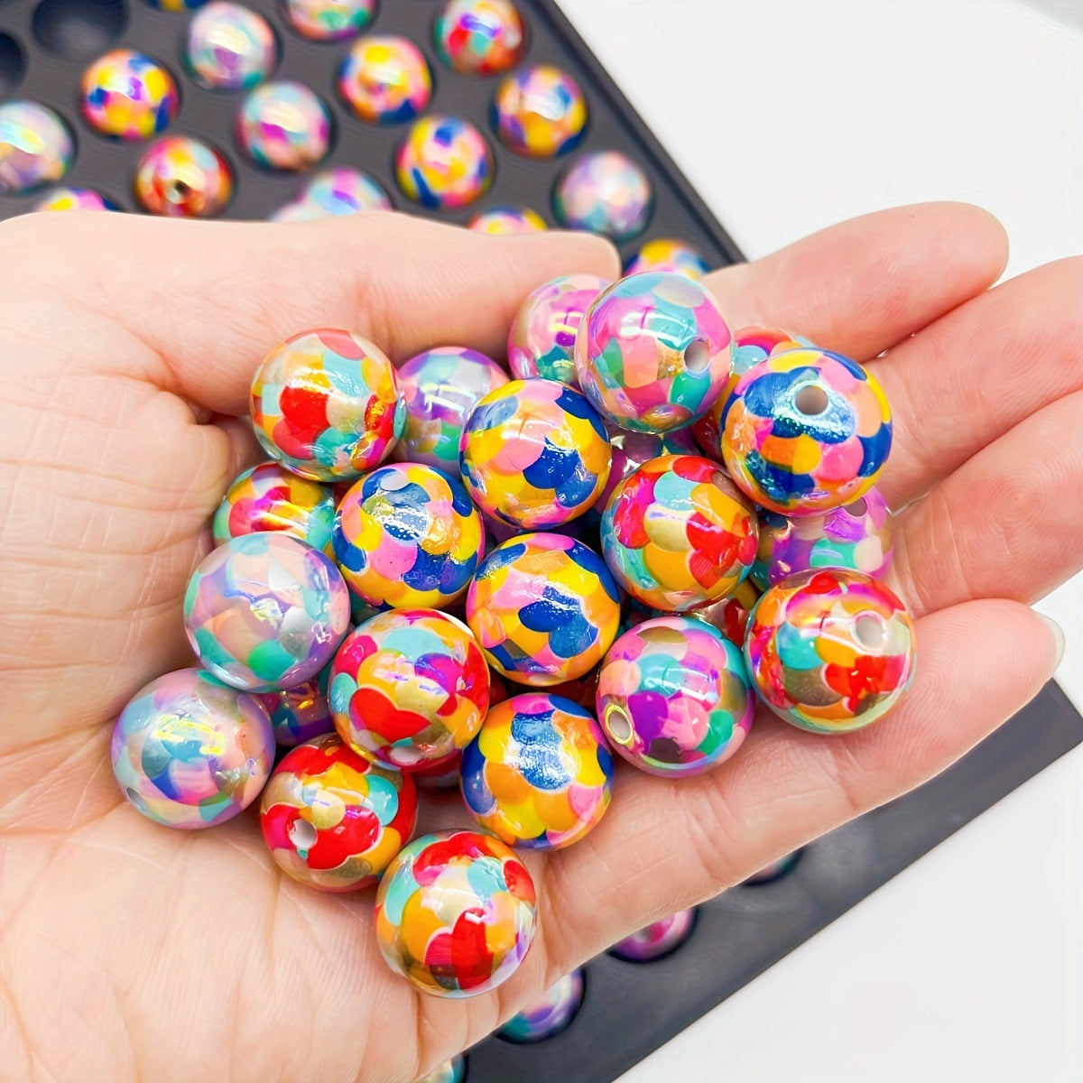 16MM UV-printed Fish Scale-shaped Acrylic Straight-hole Beads | Acrylic Bead for DIY Bracelet Keychain Jewelry Making