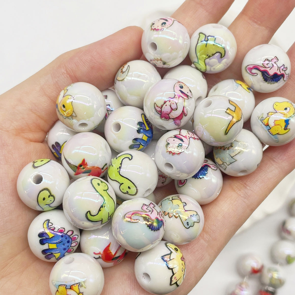 16mm Cartoon Dinosaur Print Acrylic Beads with Through Holes | Acrylic Bead for DIY Bracelet Keychain Jewelry Making