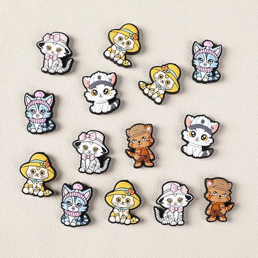 New Cute Kitten Silicone Beaded Charms Featuring Various Hats