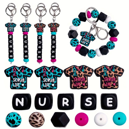 68pcs Printed Nurse Uniform Silicone Bead Set | Silicone Focal Bead for DIY Keychain & Pen Wrap