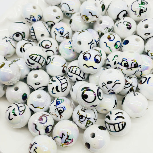 Acrylic Beads with Funny Expressions Smiley Faces Printed Round Beads with Straight Holes