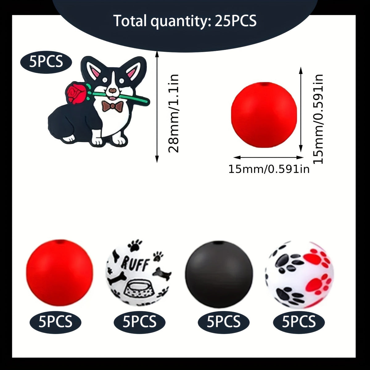 25pcs Creative Puppy-Shaped Silicone Focus Beads + Colored Watermark | Silicone Focal Bead for DIY Keychain & Pen Wrap