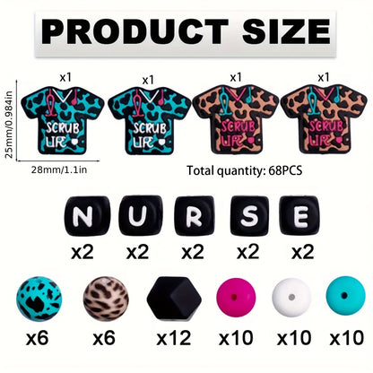 68pcs Printed Nurse Uniform Silicone Bead Set | Silicone Focal Bead for DIY Keychain & Pen Wrap