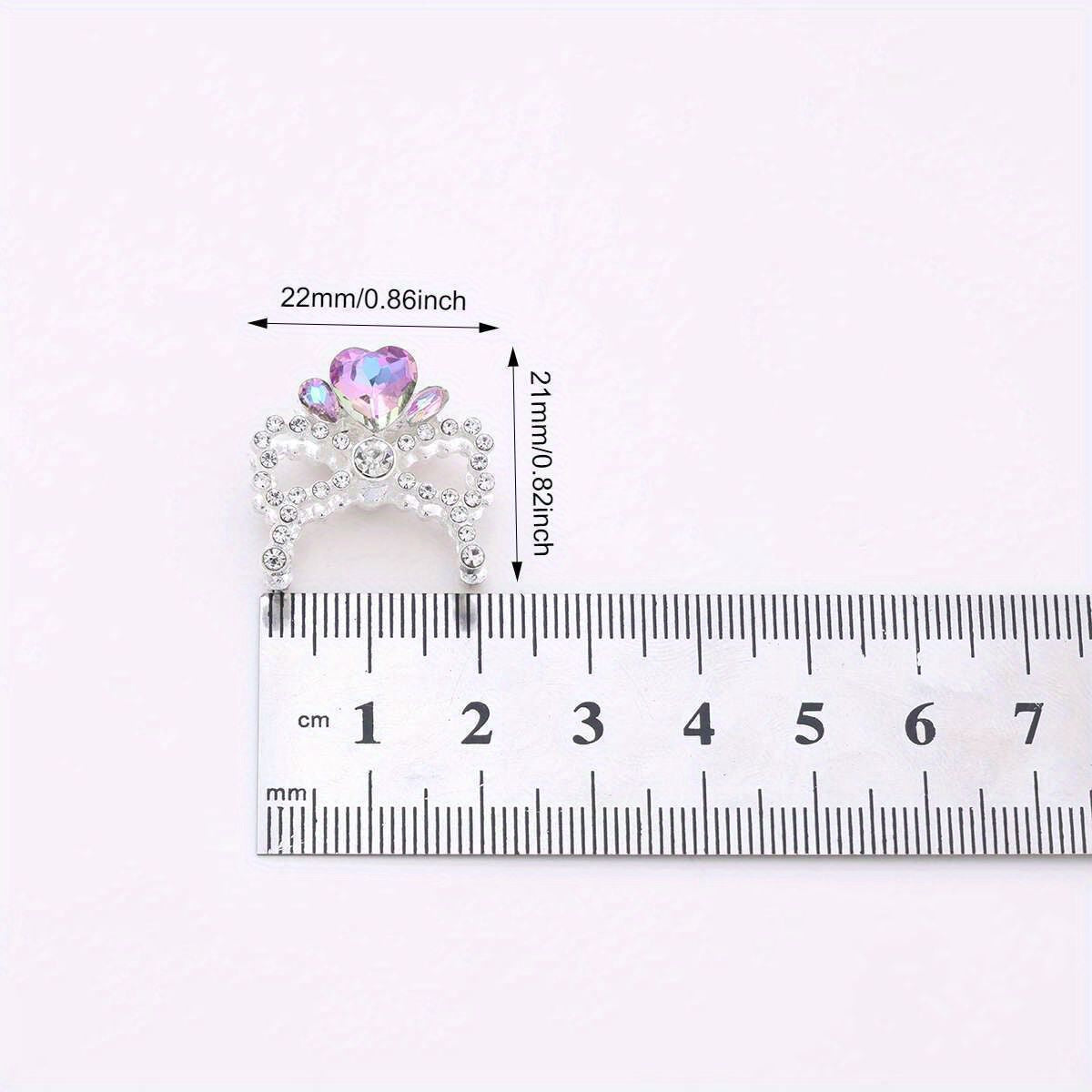 Alloy Bow Crown with Straight-hole Beads Featuring Colorful Heart-shaped Diamonds and Small Rhinestones.