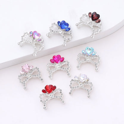 Alloy Bow Crown with Straight-hole Beads Featuring Colorful Heart-shaped Diamonds and Small Rhinestones.